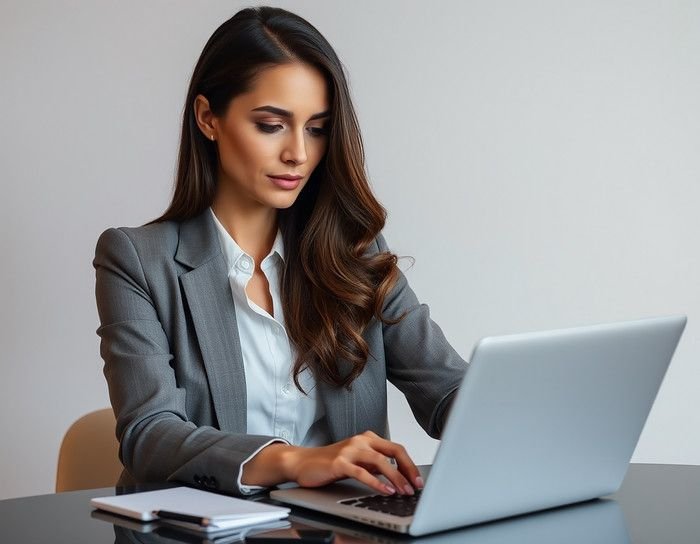 Female Business Professional Using A Laptop To…